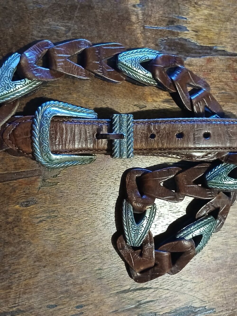 Vintage 1996 Brighton Brown Leather & Silver-Plated Woven Western Belt Women's M